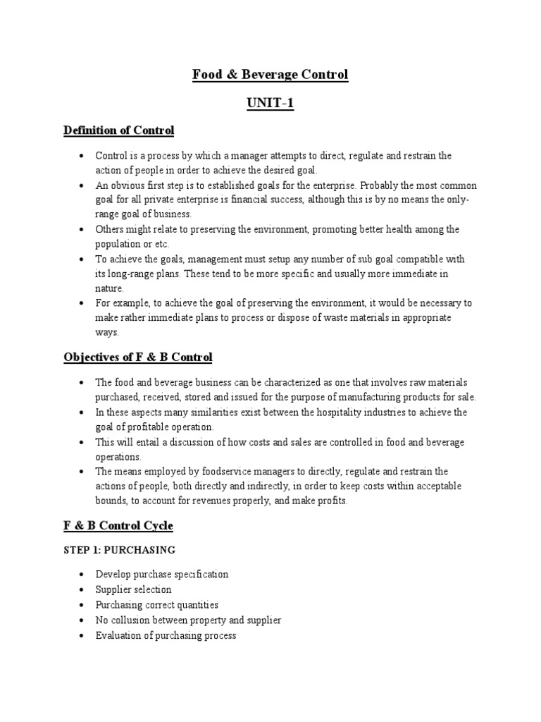 Food & Beverage Control Notes PDF Foods Budget