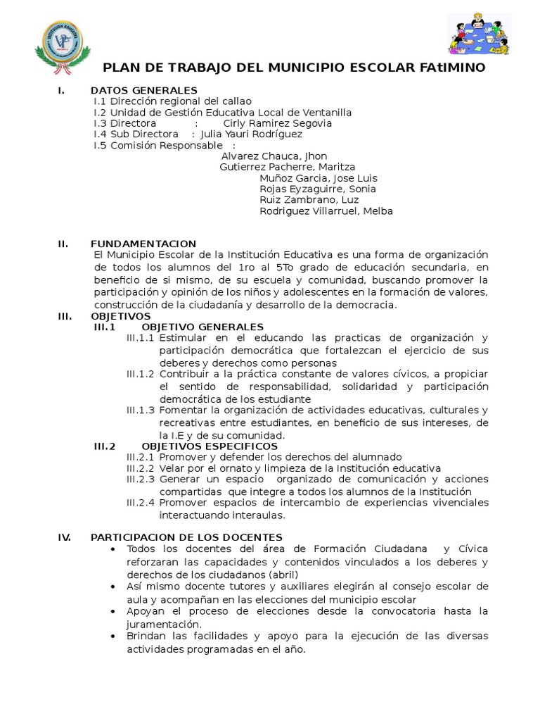 Plan De Trabajo Del Municipio Escolar Farimino Pdf Alcalde Elecciones