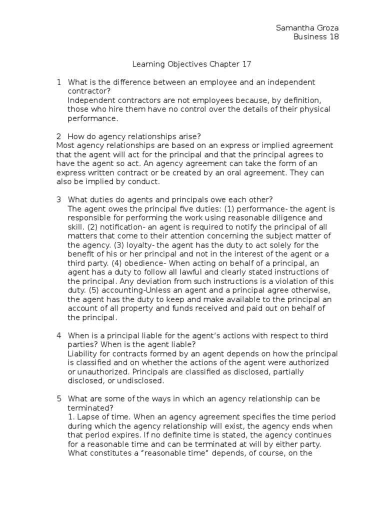 Business Law Learning Objectives Chapter 17 Law Of Agency Business