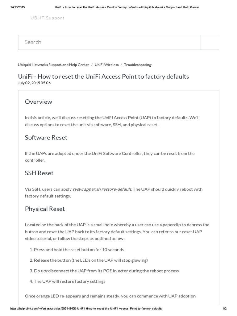 UniFi How To Reset The UniFi Access Point To Factory Defaults
