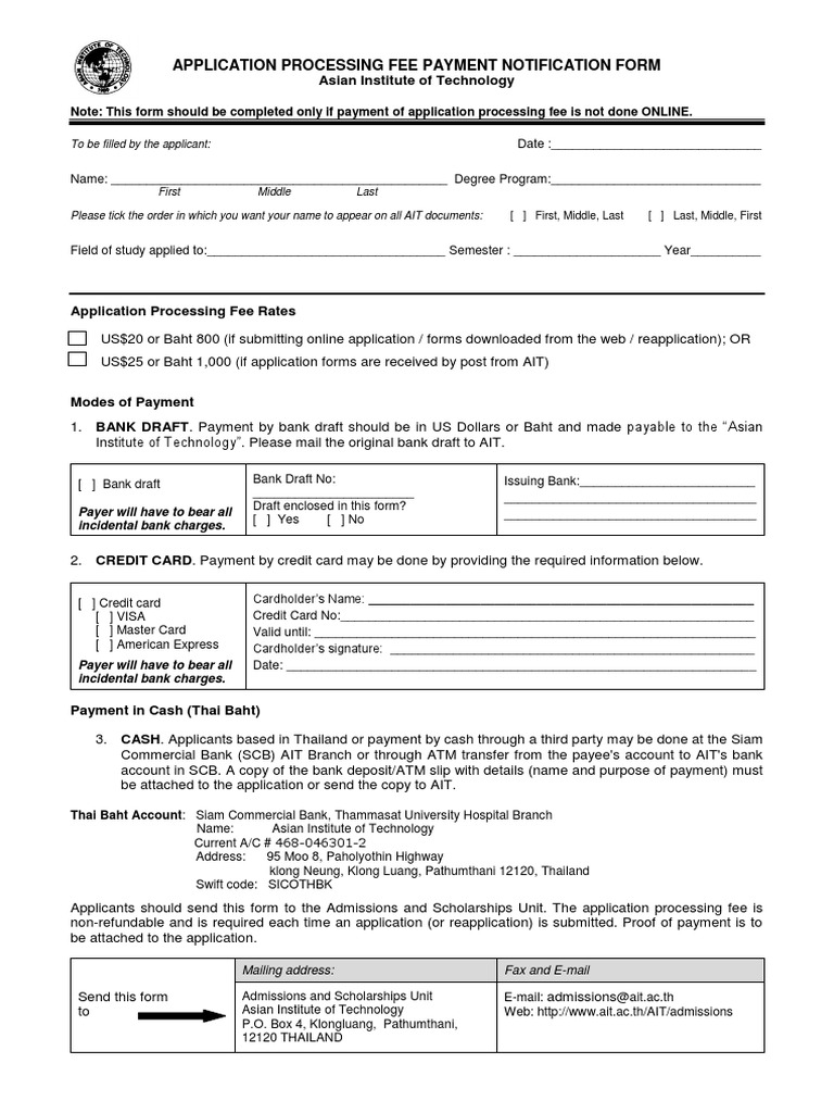 AIT Application Fee Payment Form | PDF