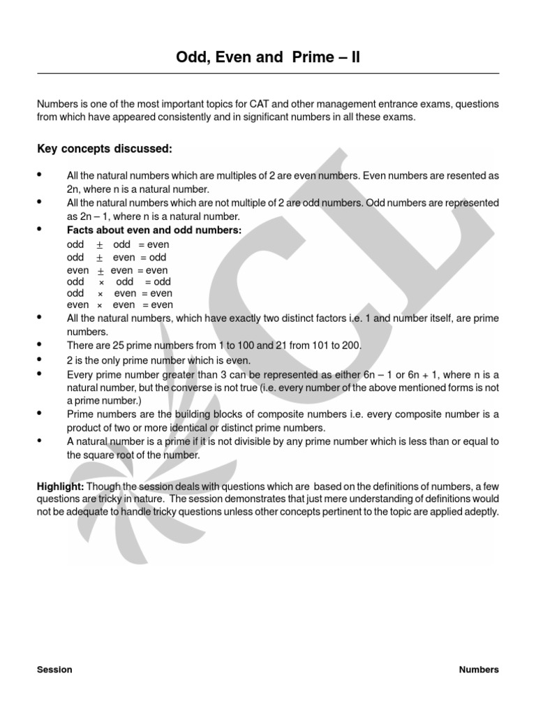 Odd, Even and Prime - II: Key Concepts Discussed | PDF | Prime Number ...