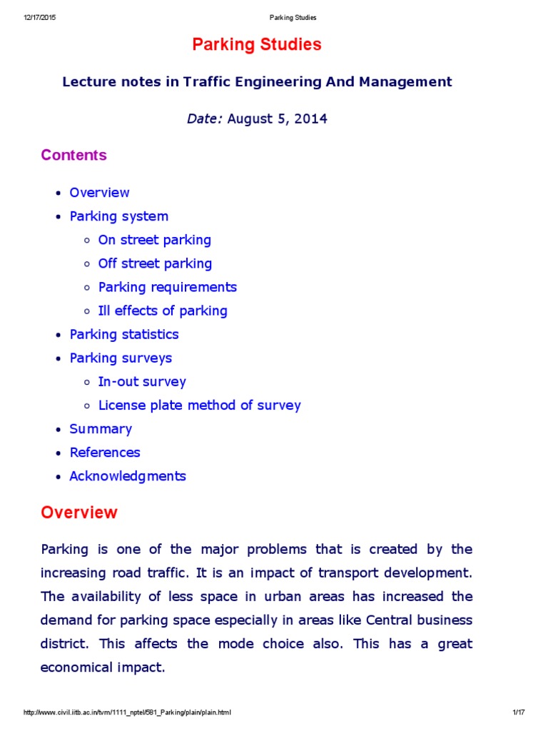 Parking Studies in Traffic Engineering | PDF | Parking | Street