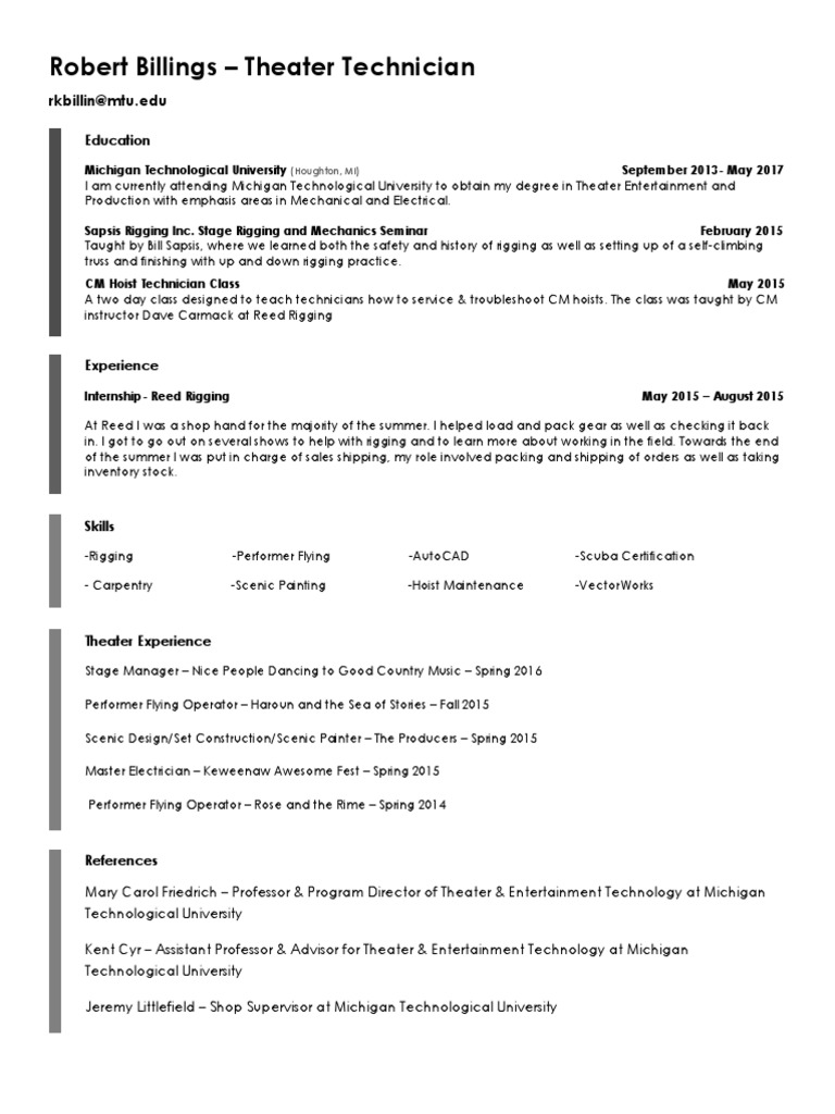 Theater Technician Resume of Robert Billings | PDF