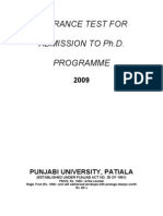 Entrance Test For Admission To Ph.D. Programme: Punjabi University, Patiala