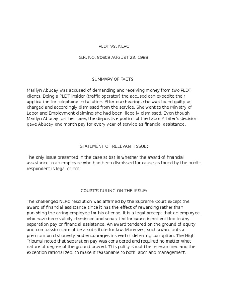 PLDT vs. NLRC G.R. NO. 80609 AUGUST 23, 1988 Download Free PDF International Law Case Or