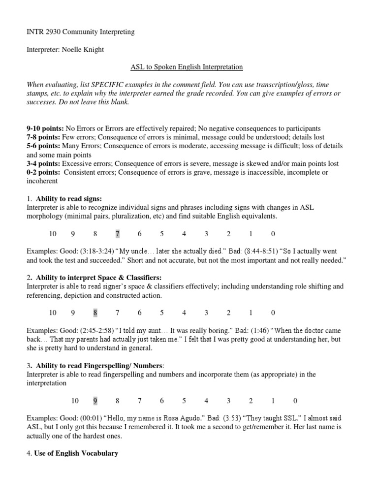 ASL Interpretation Evaluation Guide | PDF | Language Interpretation ...