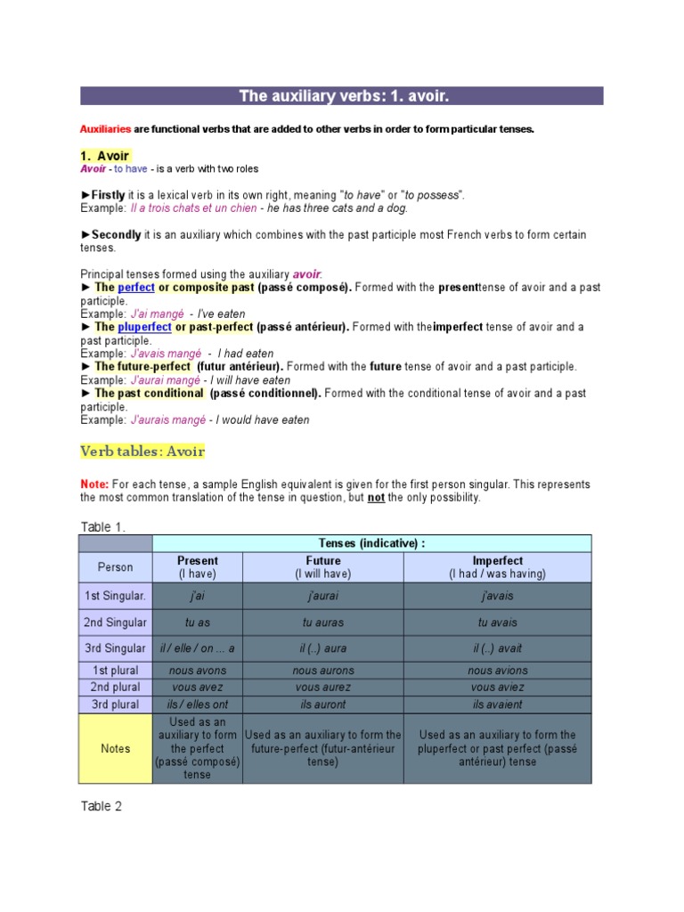 The Auxiliary Verbs-Avoir | PDF | Grammatical Tense | Language Mechanics