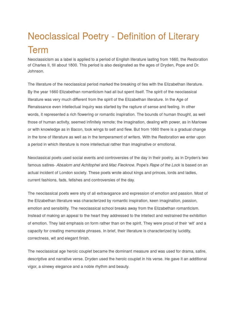 Neoclassical Poetry Definition of Literary Term PDF English Literature John Dryden