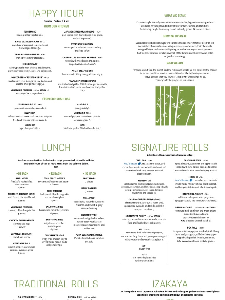 Bamboo Sushi Lunch, Dinner, and Happy Hour Menus PDF
