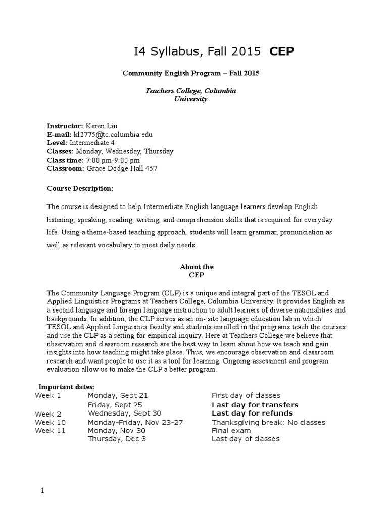 Revised Kerenliu Fall2015i4syllabus | PDF | English As A Second Or ...