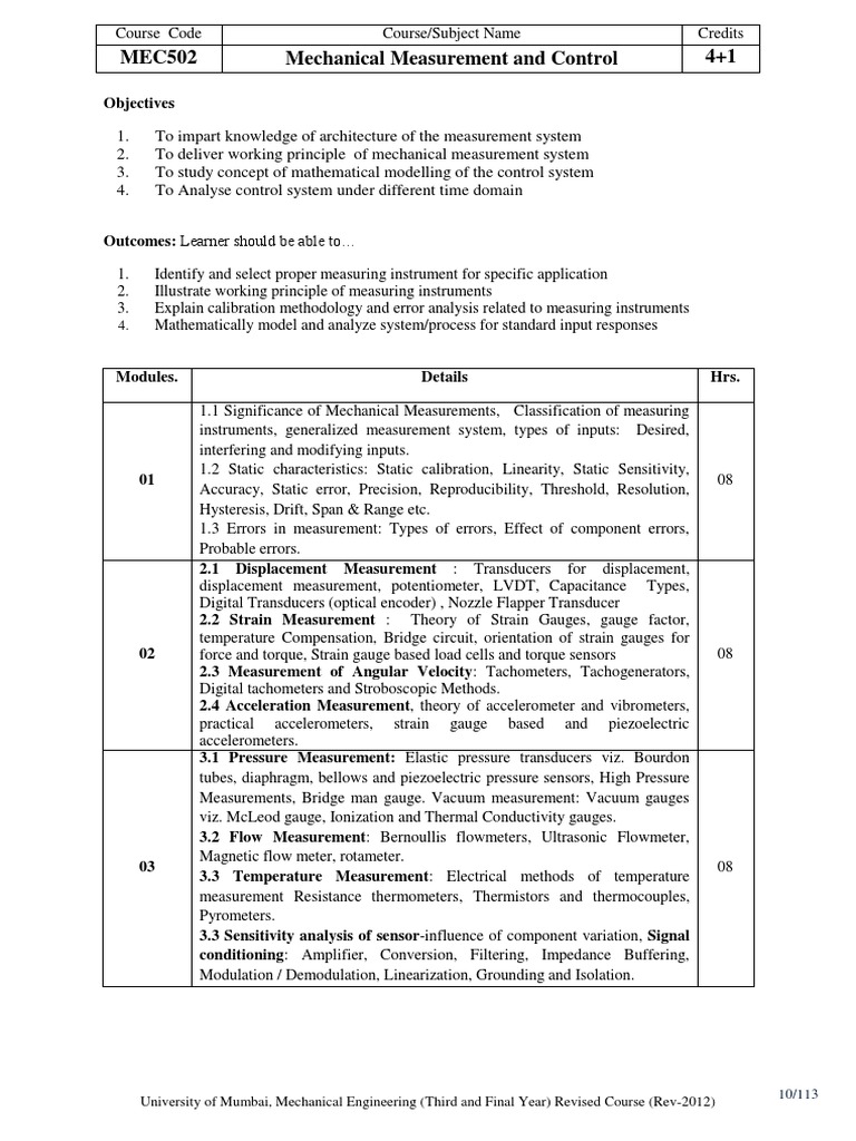 Mechanical Measurement and Control Course | PDF | Pressure Measurement ...