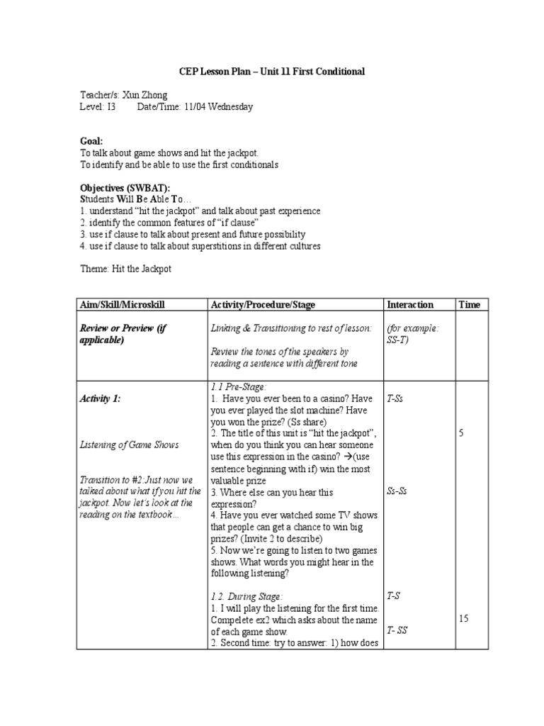Cep Lesson Plan Unit 12 1 First Conditional Reading Comprehension Cognitive Science