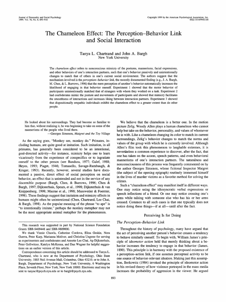 The Chameleon Effect the Perception-Behavior Link | Priming (Psychology