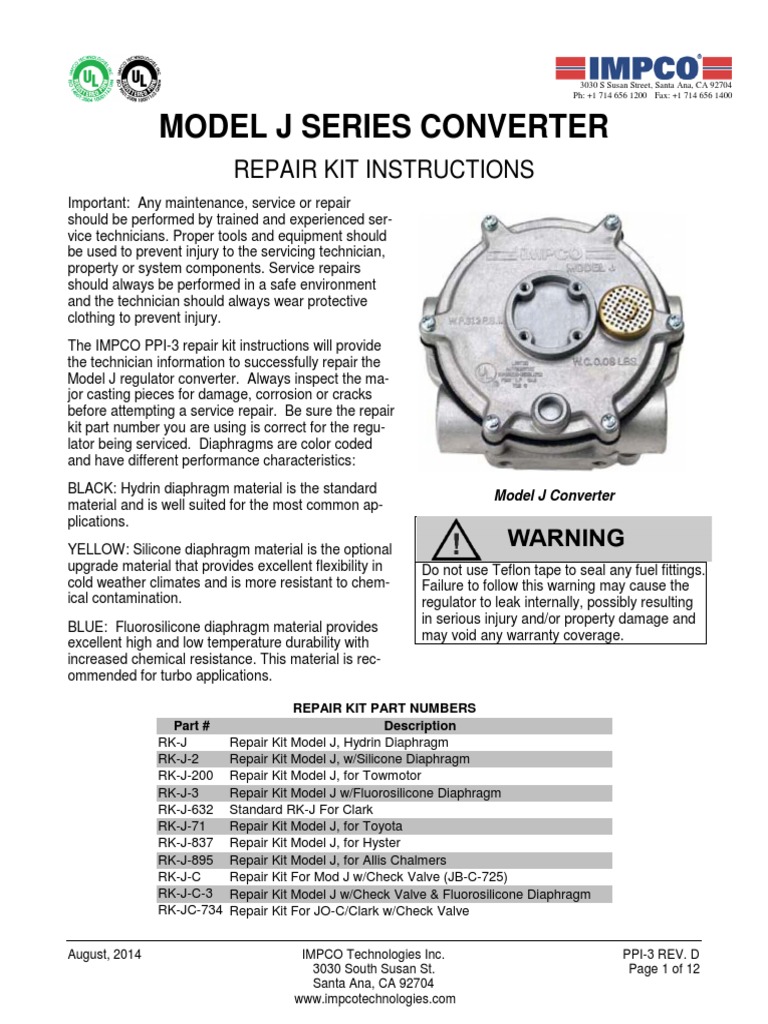 Model J Series Converter Repair Kit Instructions PDF Liquefied