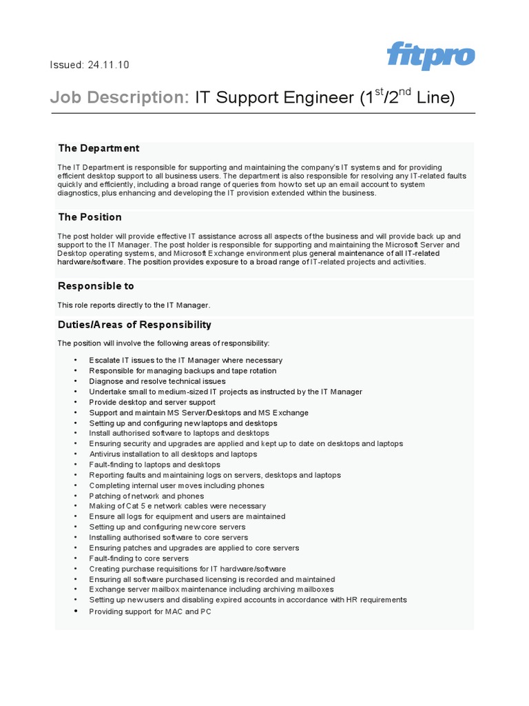 IT Support Engineer Job Description | PDF | Desktop Computer ...
