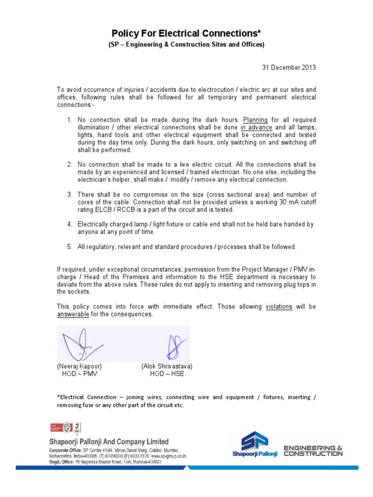 Electrical Connection Safety Policy | PDF | Science & Mathematics ...
