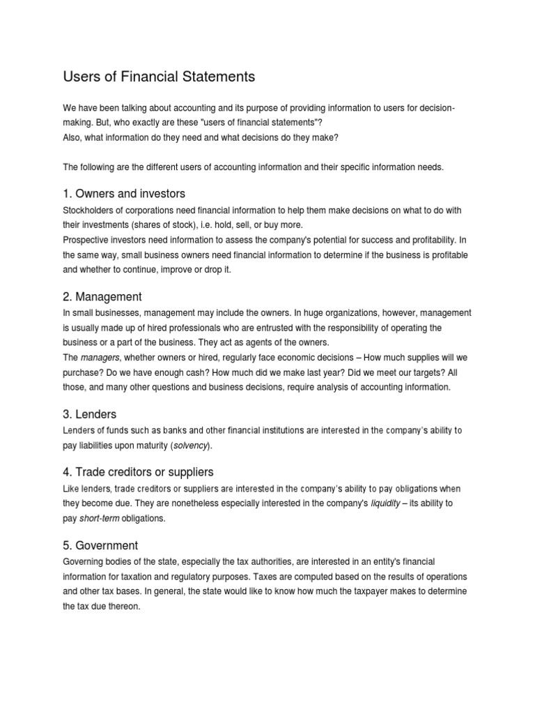 Users of Financial Statements Explained | PDF | Financial Statement | Taxes