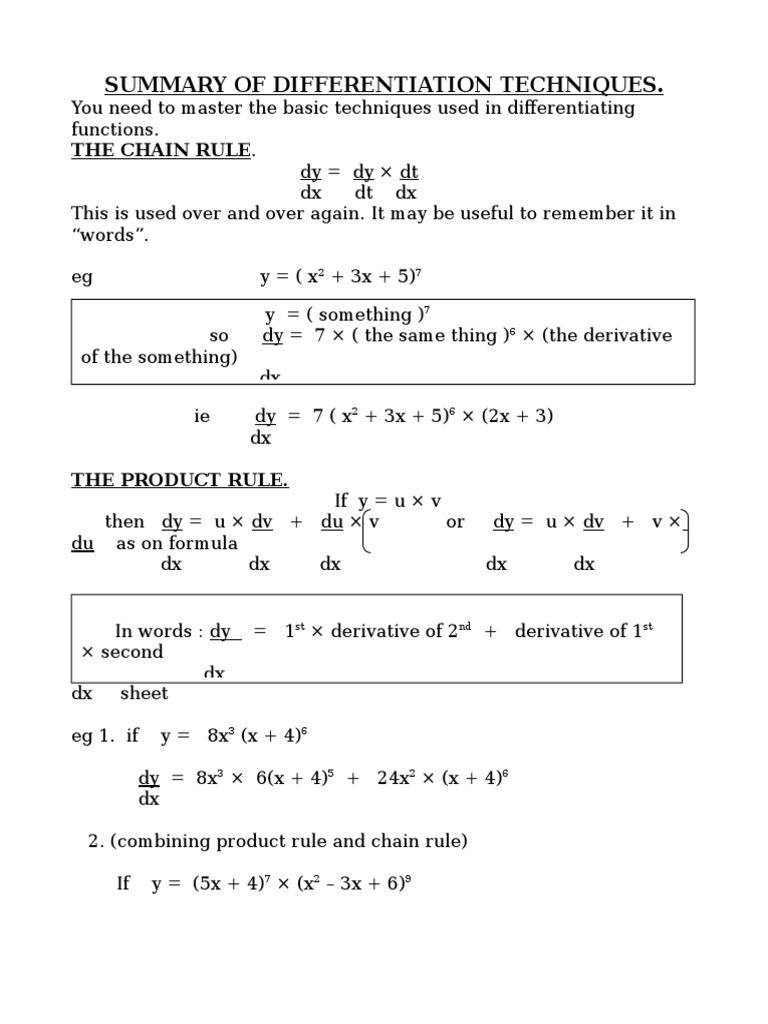 Differentiation Techniques Overview | PDF | Logarithm | Derivative