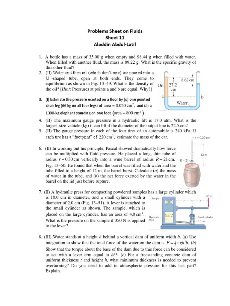 Sheet 11 Problems Sheet On Fluids Pressure Fluid Dynamics