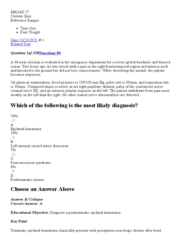 Quiz Question 1 - MKSAP 17 | PDF | Traumatic Brain Injury | Headache