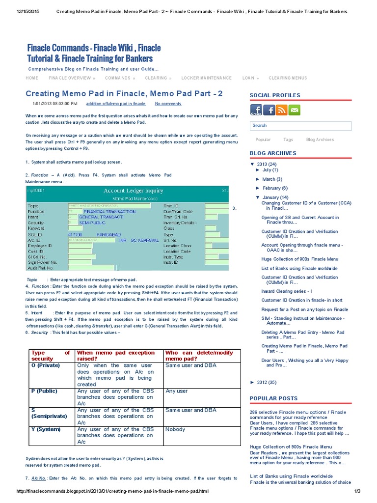 Creating Memo Pad in Finacle, Memo Pad Part 2 Finacle Commands