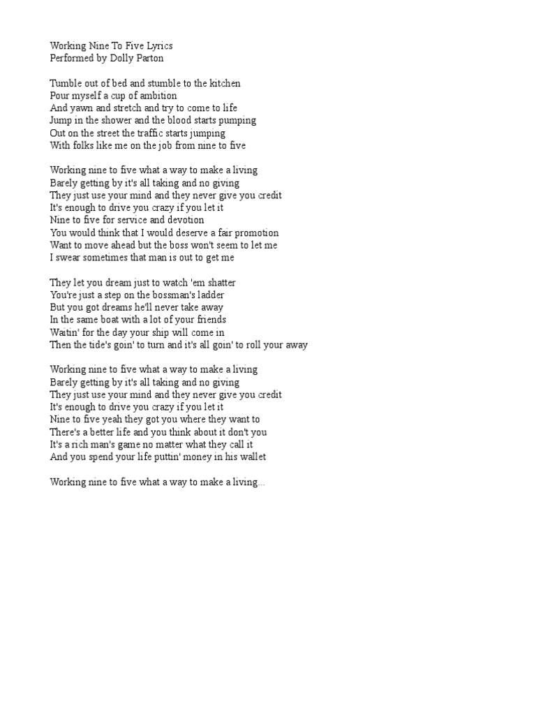 9 To 5 Lyrics Cloze | PDF | Recorded Music | Leisure