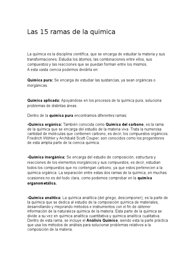 Las 15 Ramas de La Quimicas Química Orgánica Química analítica