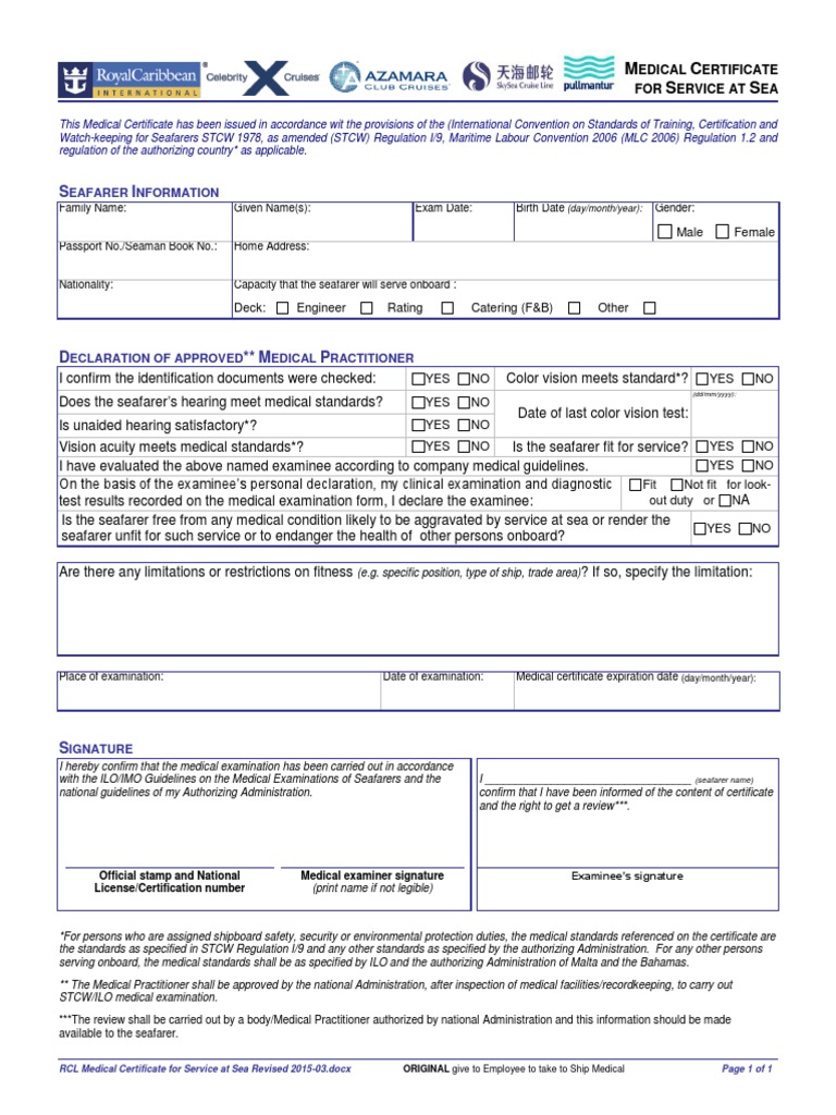 RCL Medical Certificate for Service at Sea Revised 201503 Sailor