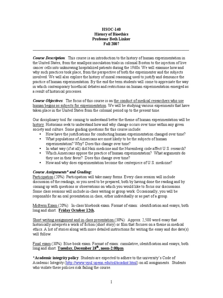 History Of Bioethics Syllabus Pdf Bioethics Experiment
