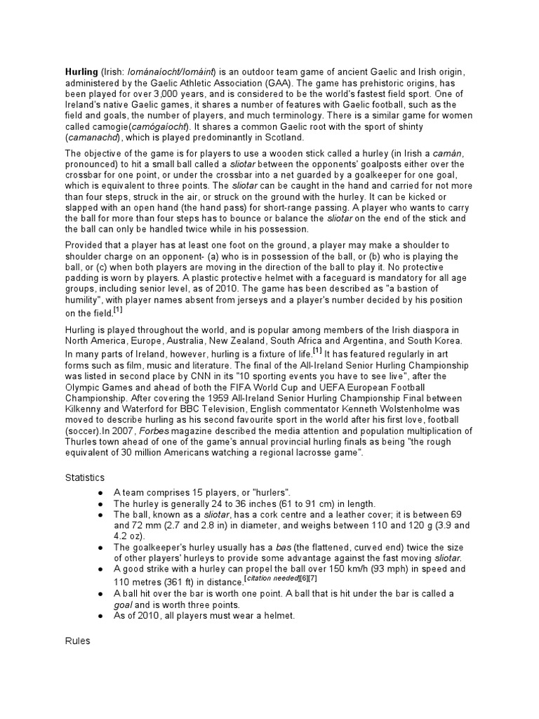 Hurling: Rules and Gameplay Overview | PDF | Teams | Gaelic Games