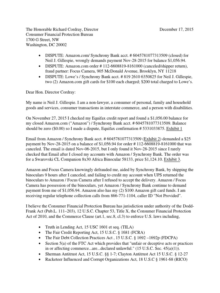 Consumer Finance Protection Bureau Complaint Amazon.com ... - 
