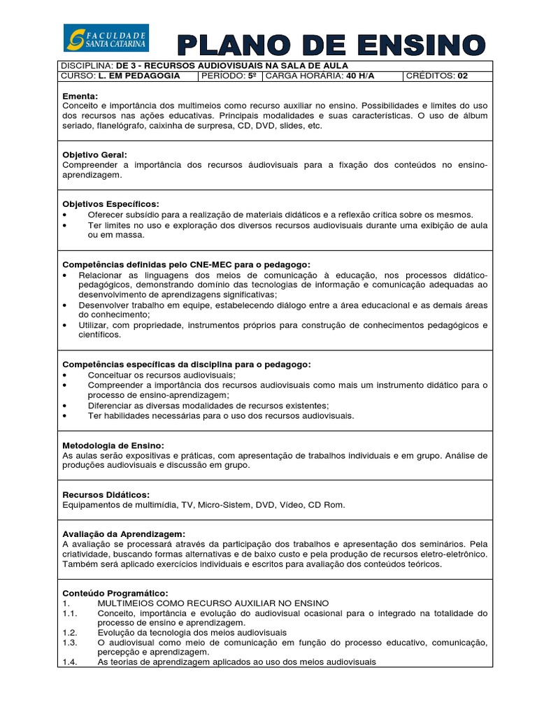 Modelo Plano de Ensino | Pedagogia | Comunicação