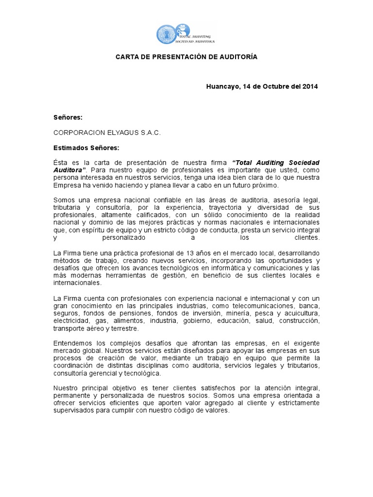 Carta de Presentación de Auditoría  normas internacionales de