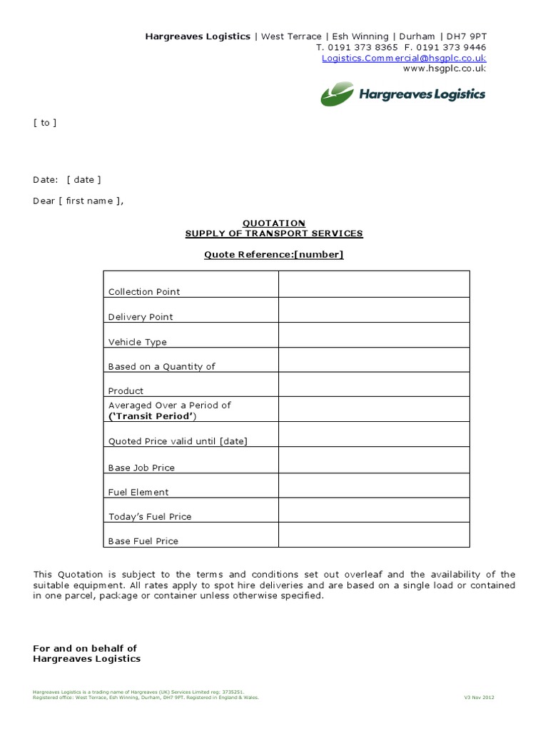 Example of Quotation Supply of Transport Services Nov 2012 PDF