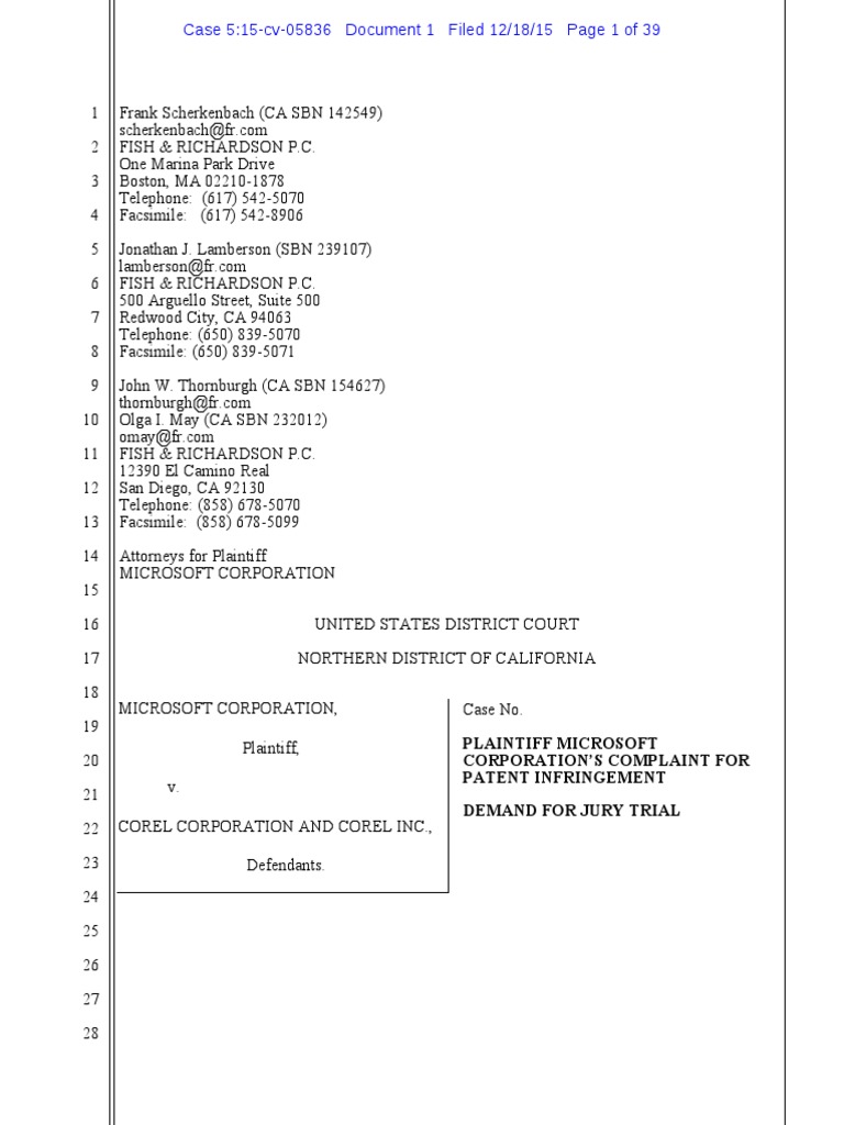 Microsoft v. Corel - Complaint | PDF | Patent | Patent Infringement