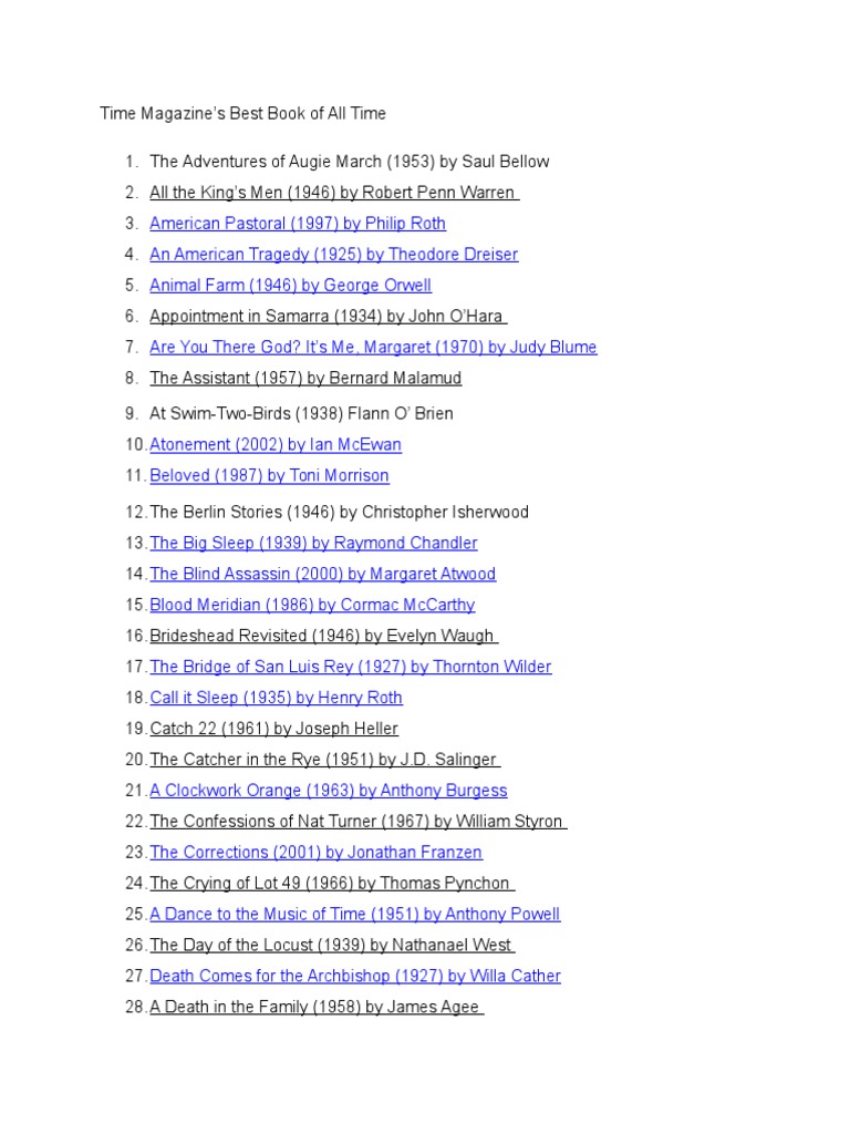 Time Magazine's Best Books of All Time Writers English Language