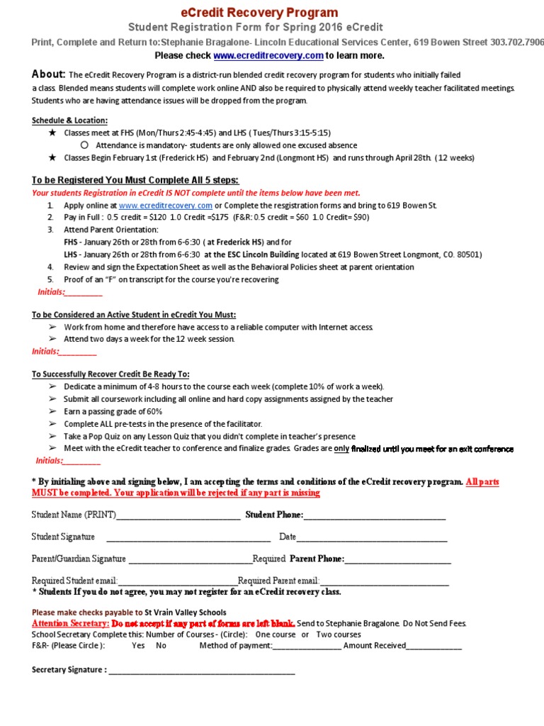 eCredit Recovery Program Registration | PDF | Course Credit | Behavior ...