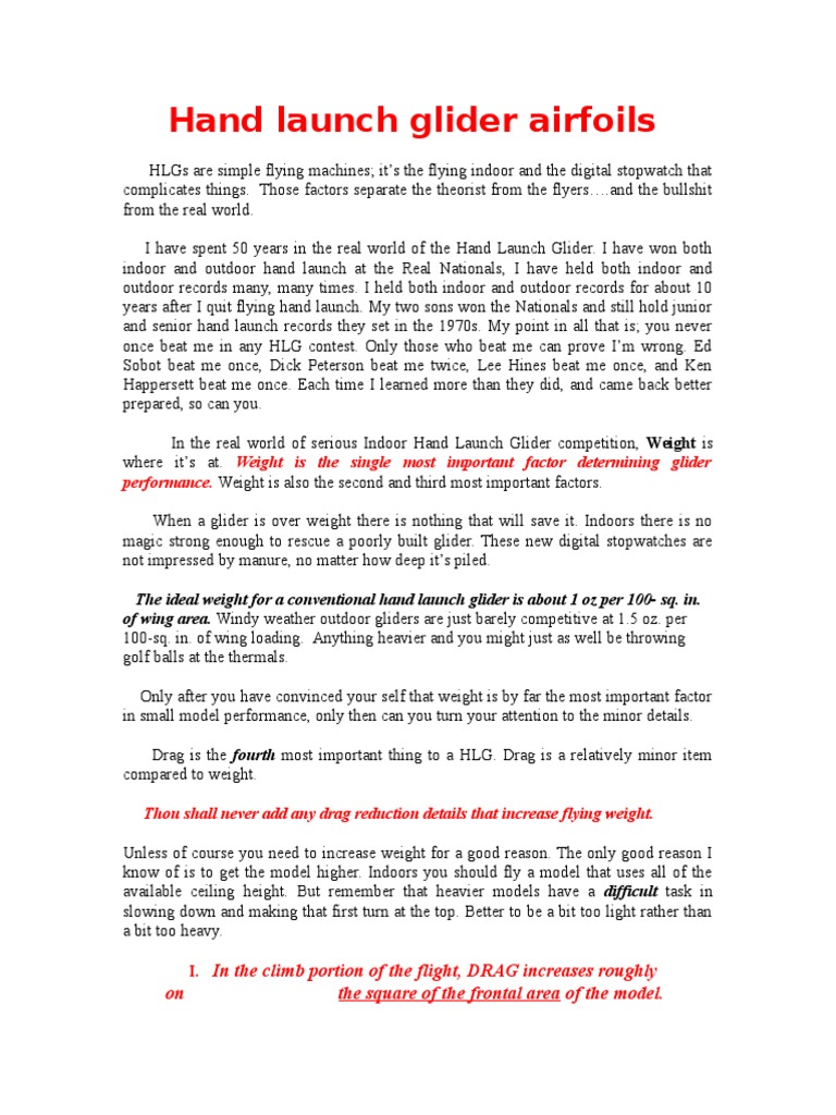 Hand Launch Glider Airfoils PDF Lift (Force) Wing