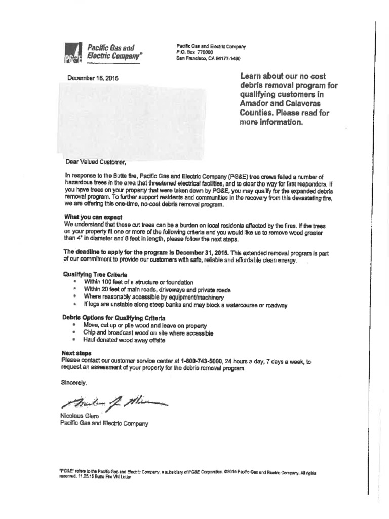 PG&E Debris Removal Letter