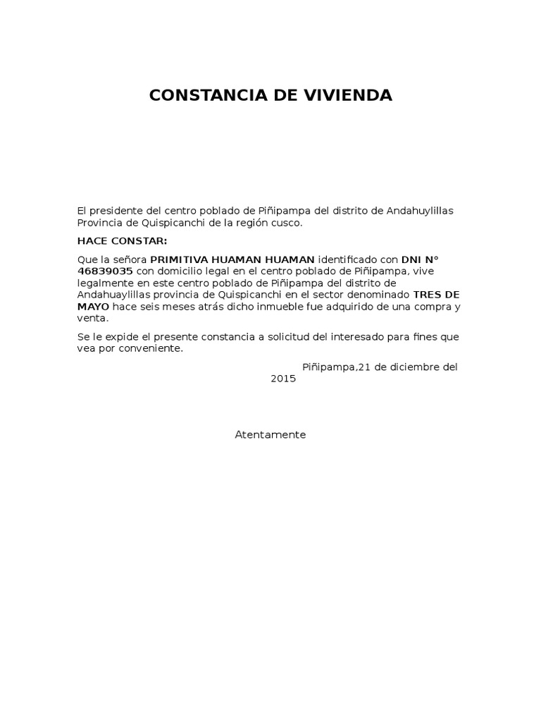 Carta De Certificacion De Vivienda