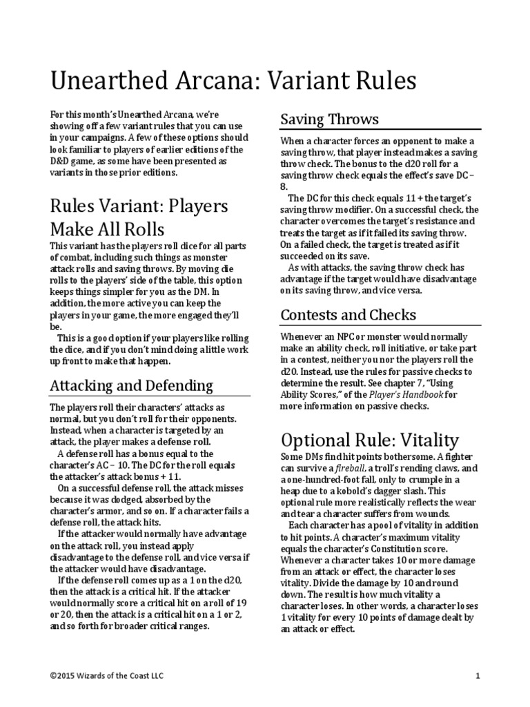 Unearthed Arcana Variant Rules | PDF