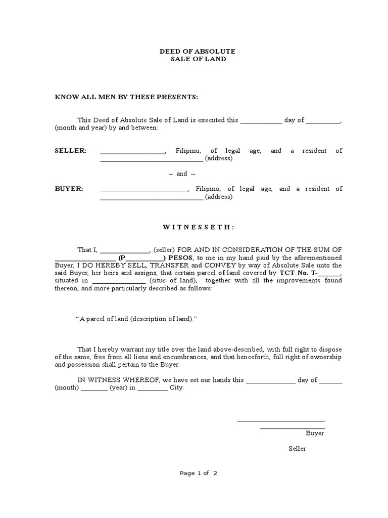 DEED OF SALE Sale of Land PDF Deed Law And Economics