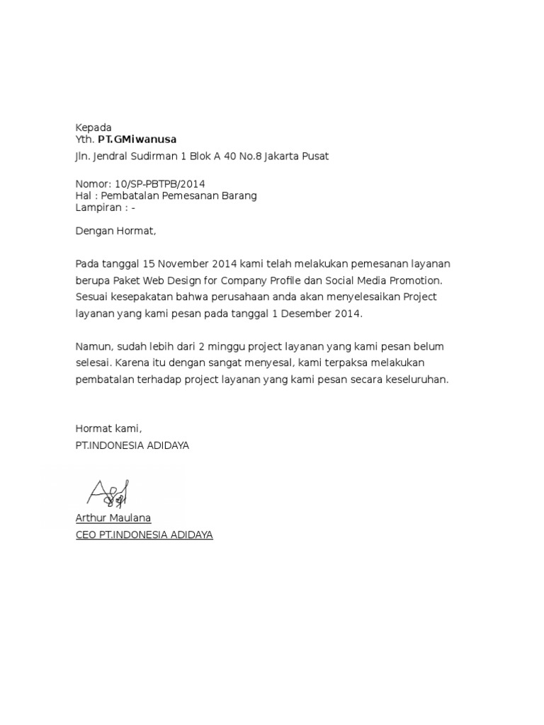 Contoh Surat Pembatalan Pemesanan  PDF