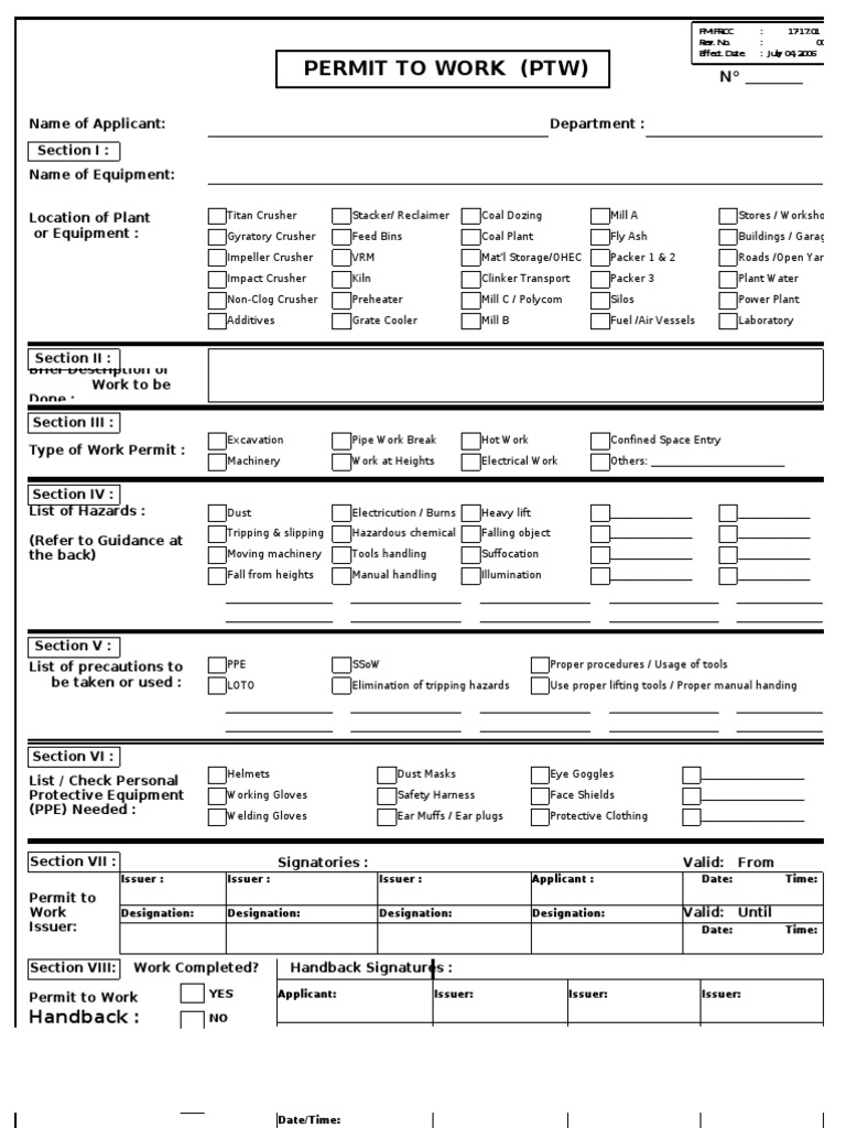 Permit to Work (PTW) Template | PDF | Personal Protective Equipment ...