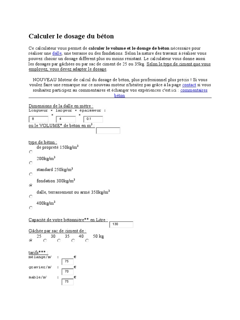 Dosage et calcul du béton simplifié PDF Chaux Mortier (matériau) — free download