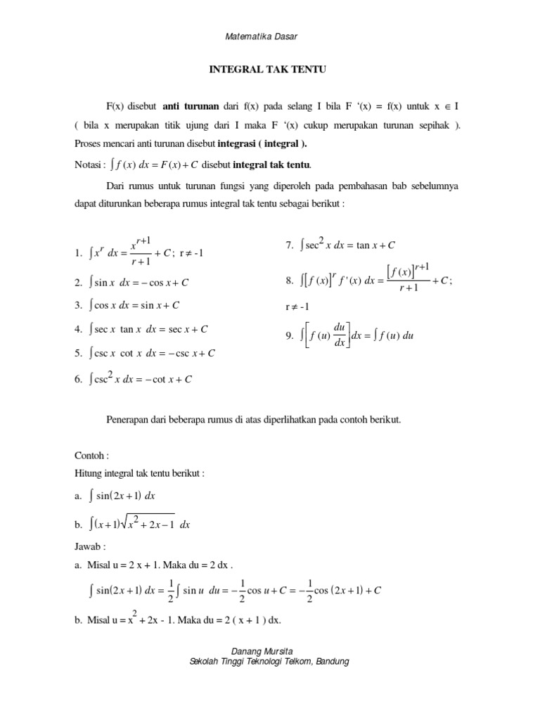Modul Matematika - Integral Tak Tentu | PDF