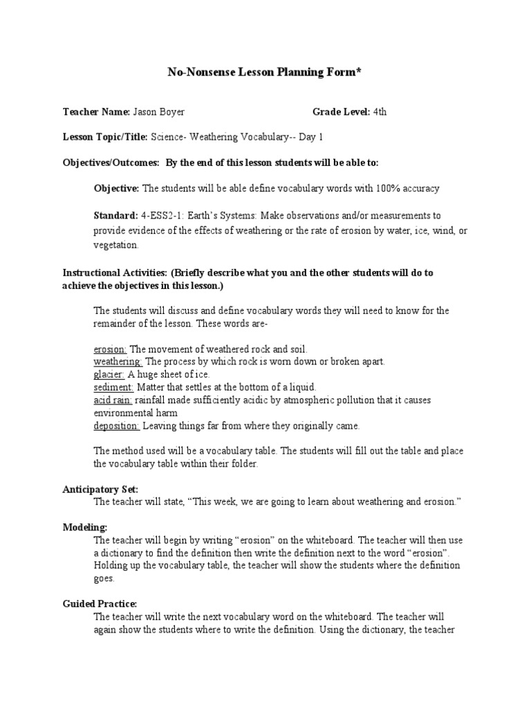 weathering and erosion Lesson Plan Erosion