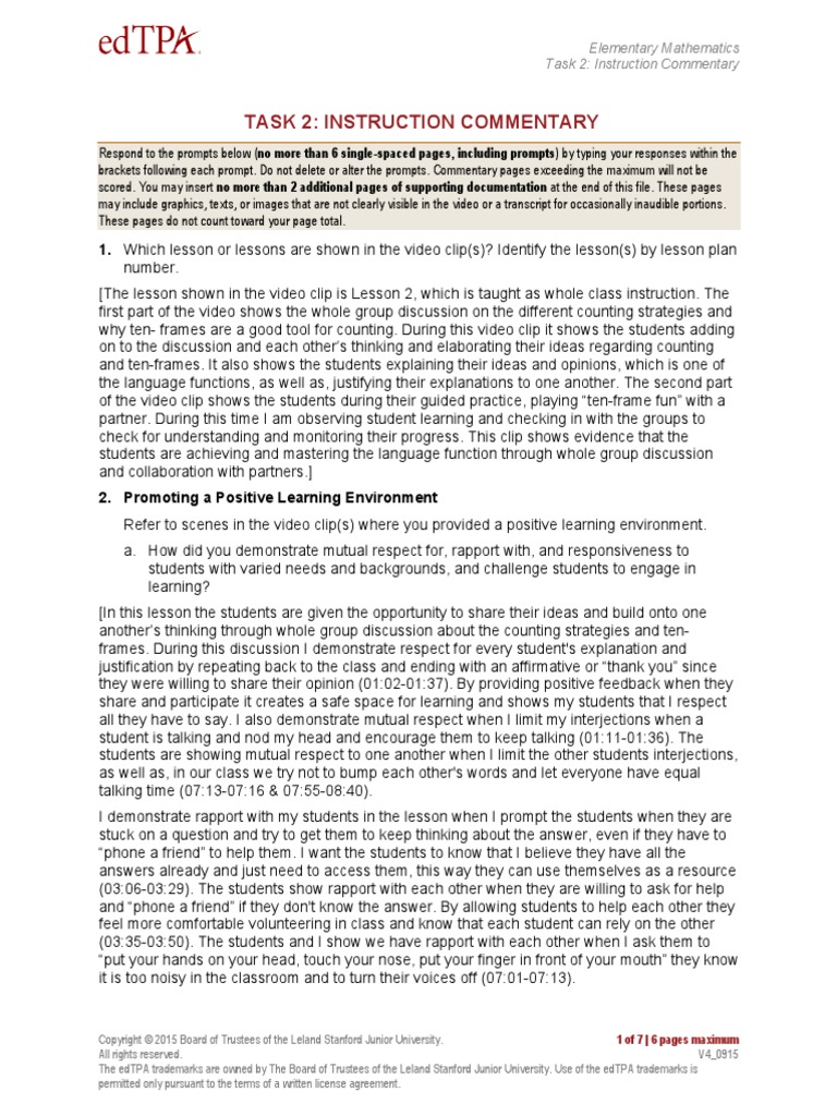 Edtpa Elm Instruction Commentary PDF Experiential Education Question