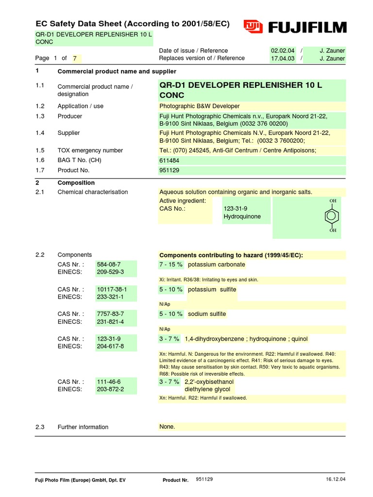 Sds Developer Replenisher Personal Protective Equipment